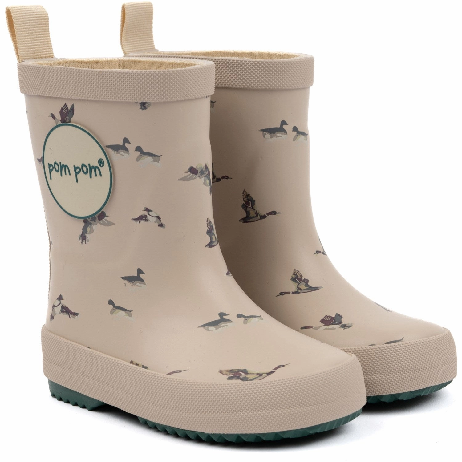 Pom Pom Duck/Emerald Green Wellies AOP Kids Rain Boots with free shipping