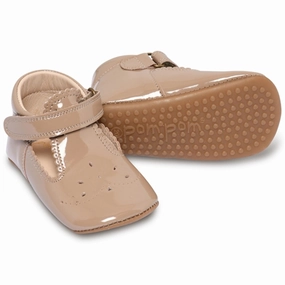 Pom Pom Indoor Shoes Ballerina T-bar Latte Patent House Slippers for Kids on sale