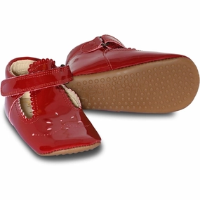 Pom Pom Indoor Shoes T-bar Deep Red Laquer House Slippers for Kids on sale