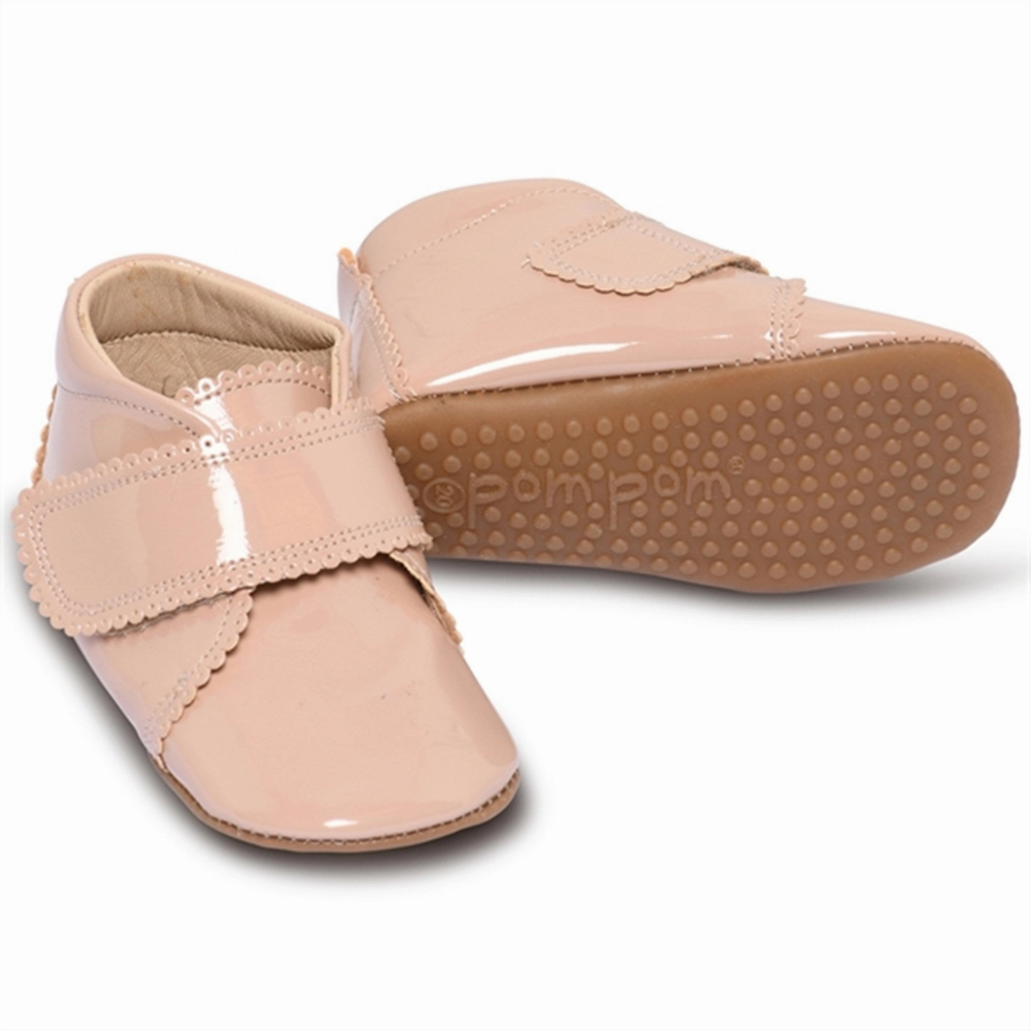 Pom Pom Indoor Shoes Velcro Scallops Dusty Rose Patent House Slippers for Kids on sale
