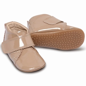 Pom Pom Indoor Shoes Velcro Scallops Latte Patent House Slippers for Kids on sale