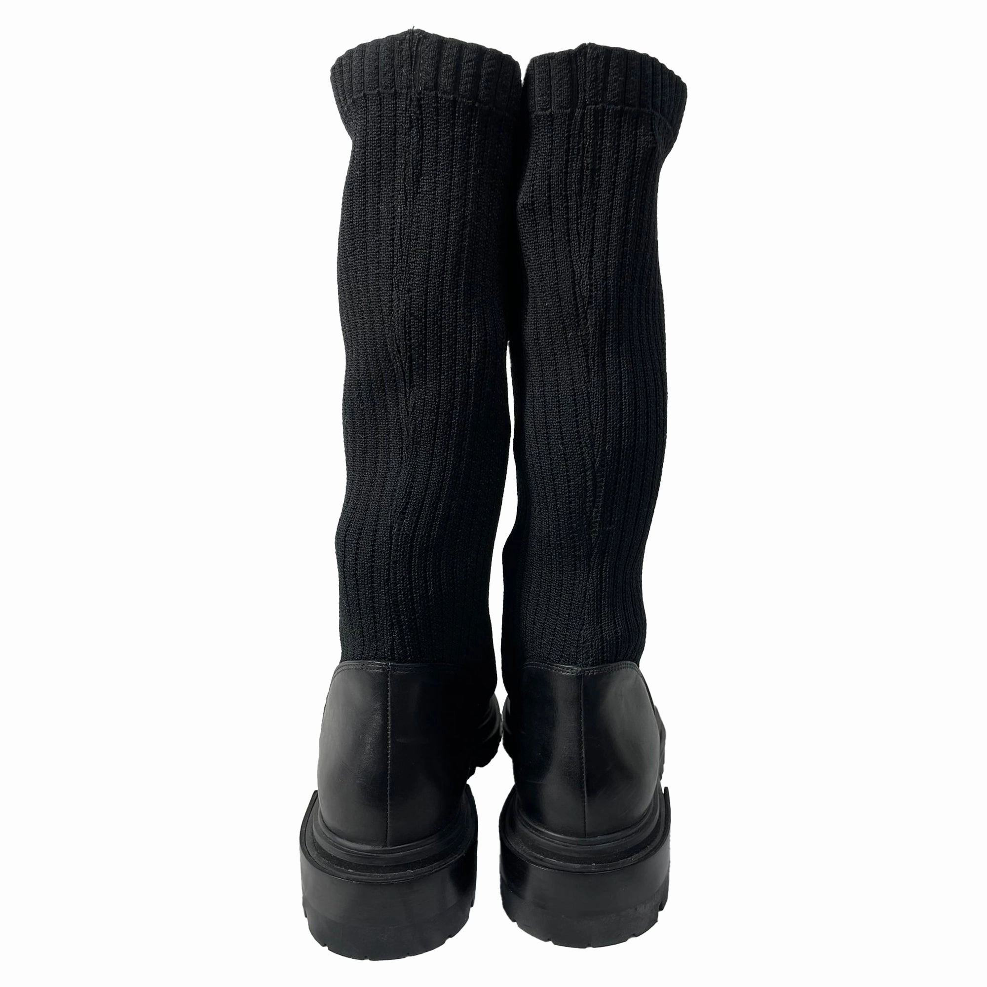 Porte & Paire Ribbed-Knit Lace-Up High Combat Boots in Black Leather