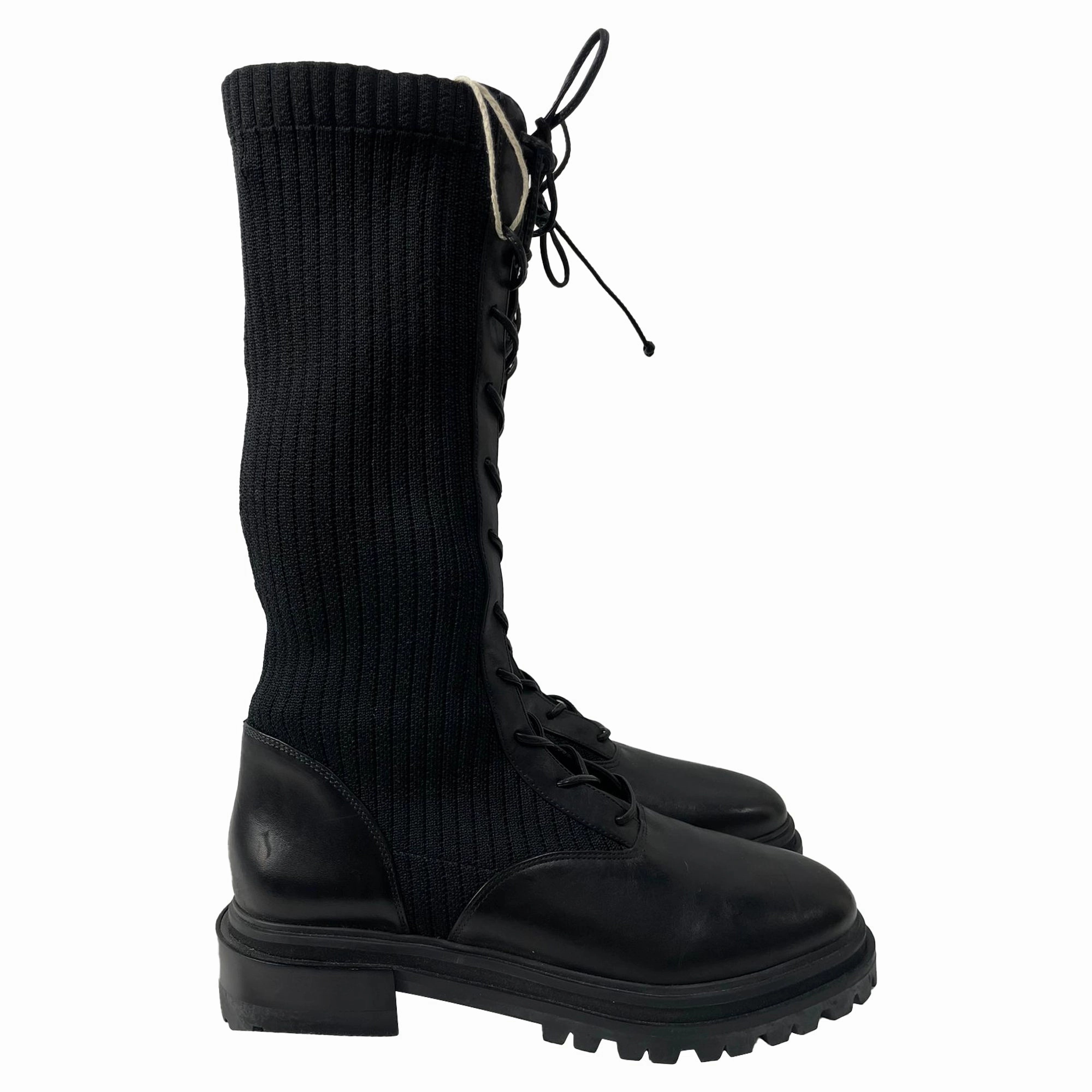 Porte & Paire Ribbed-Knit Lace-Up High Combat Boots in Black Leather Womens Casual Boots clearance