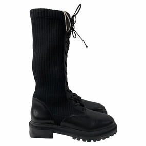 Porte & Paire Ribbed-Knit Lace-Up High Combat Boots in Black Leather Womens Casual Boots clearance