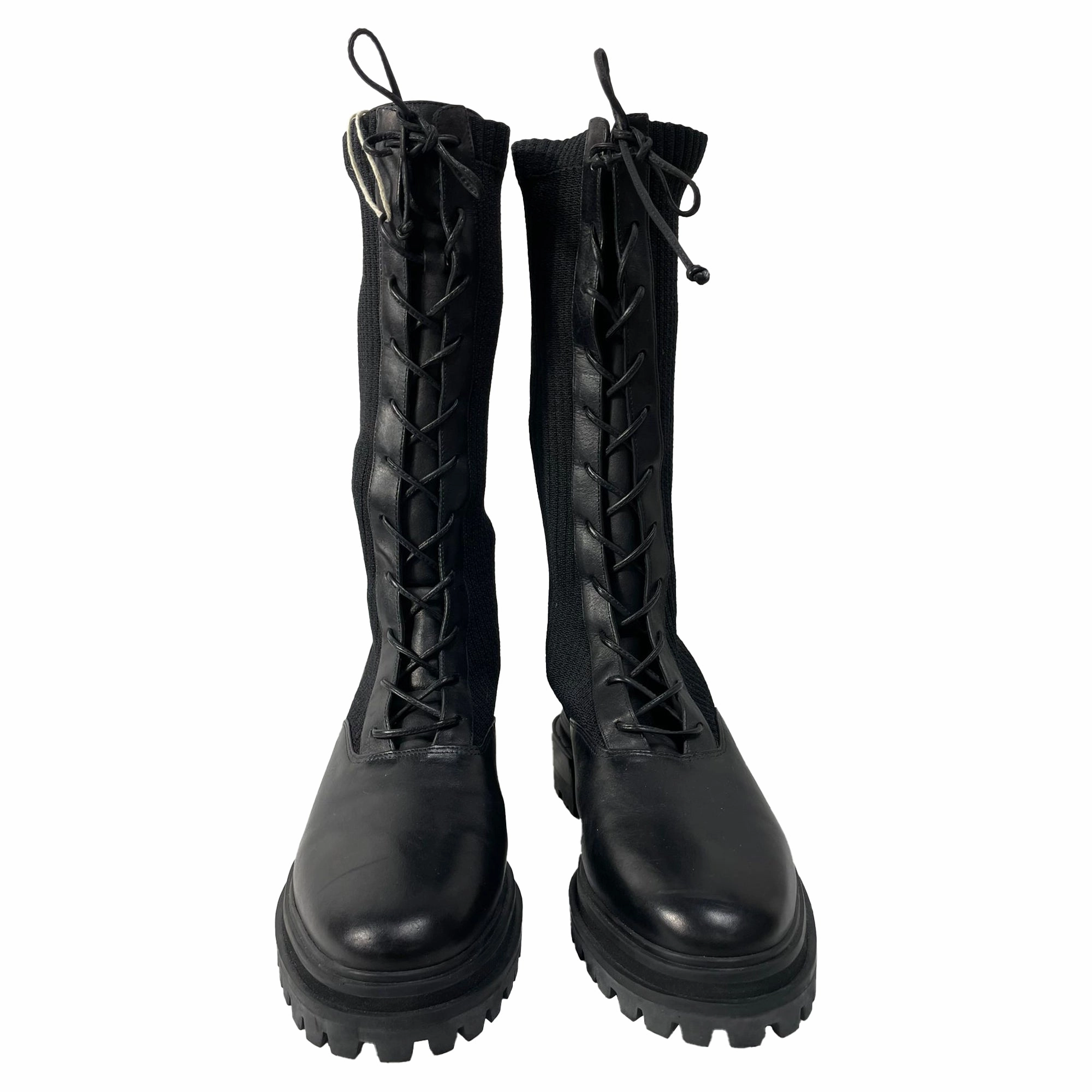 Porte & Paire Ribbed-Knit Lace-Up High Combat Boots in Black Leather