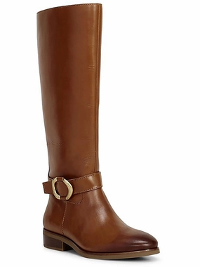 Samtry Womens Leather Stacked Heel Knee-High Boots Womens Dress Boots for less
