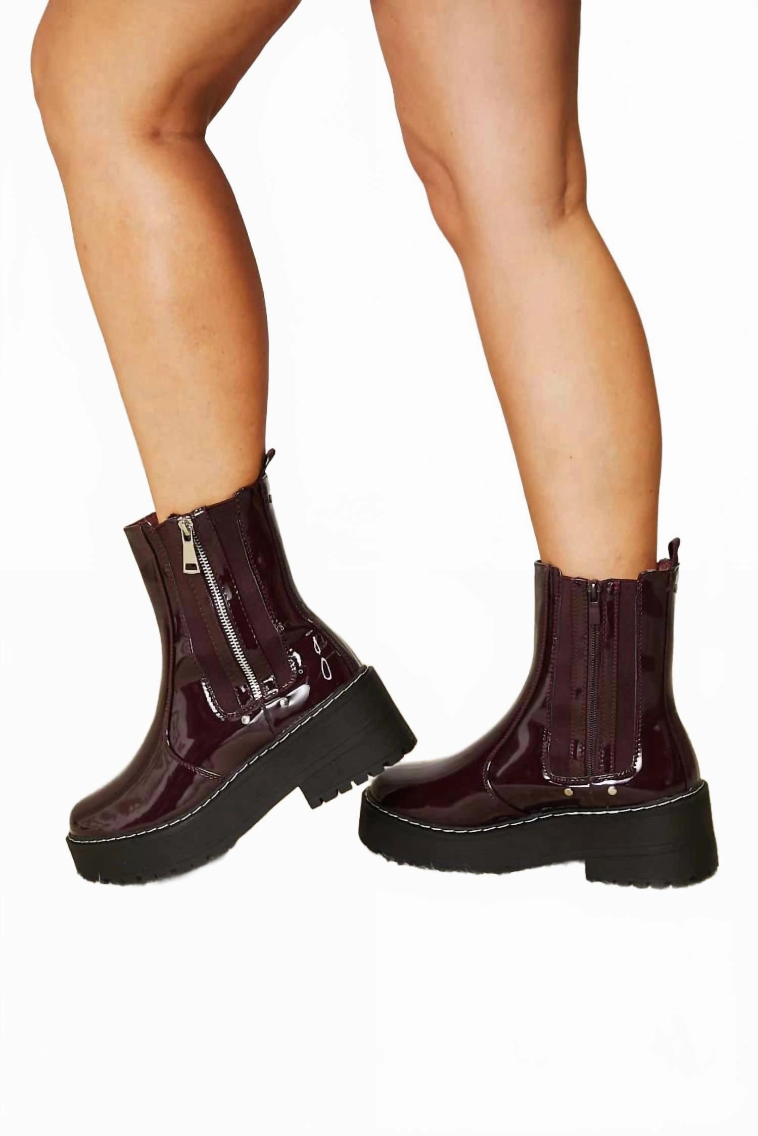 Side Zip Platform Boots In Burgundy
