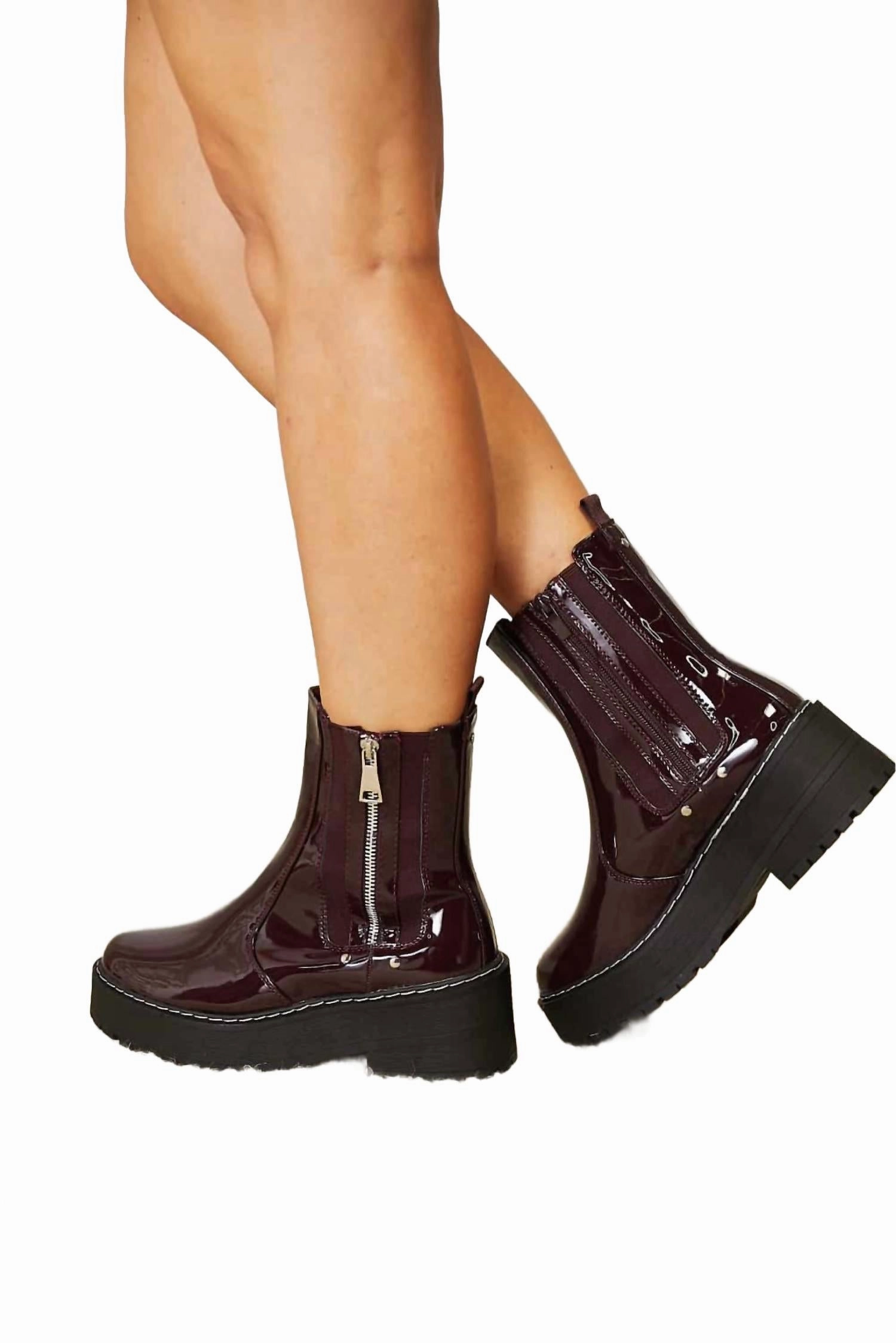 Side Zip Platform Boots In Burgundy