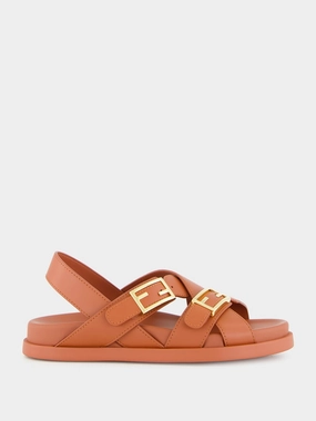 Sienna Brown Leather Slides with FF Buckles Womens Sandals mega clearance