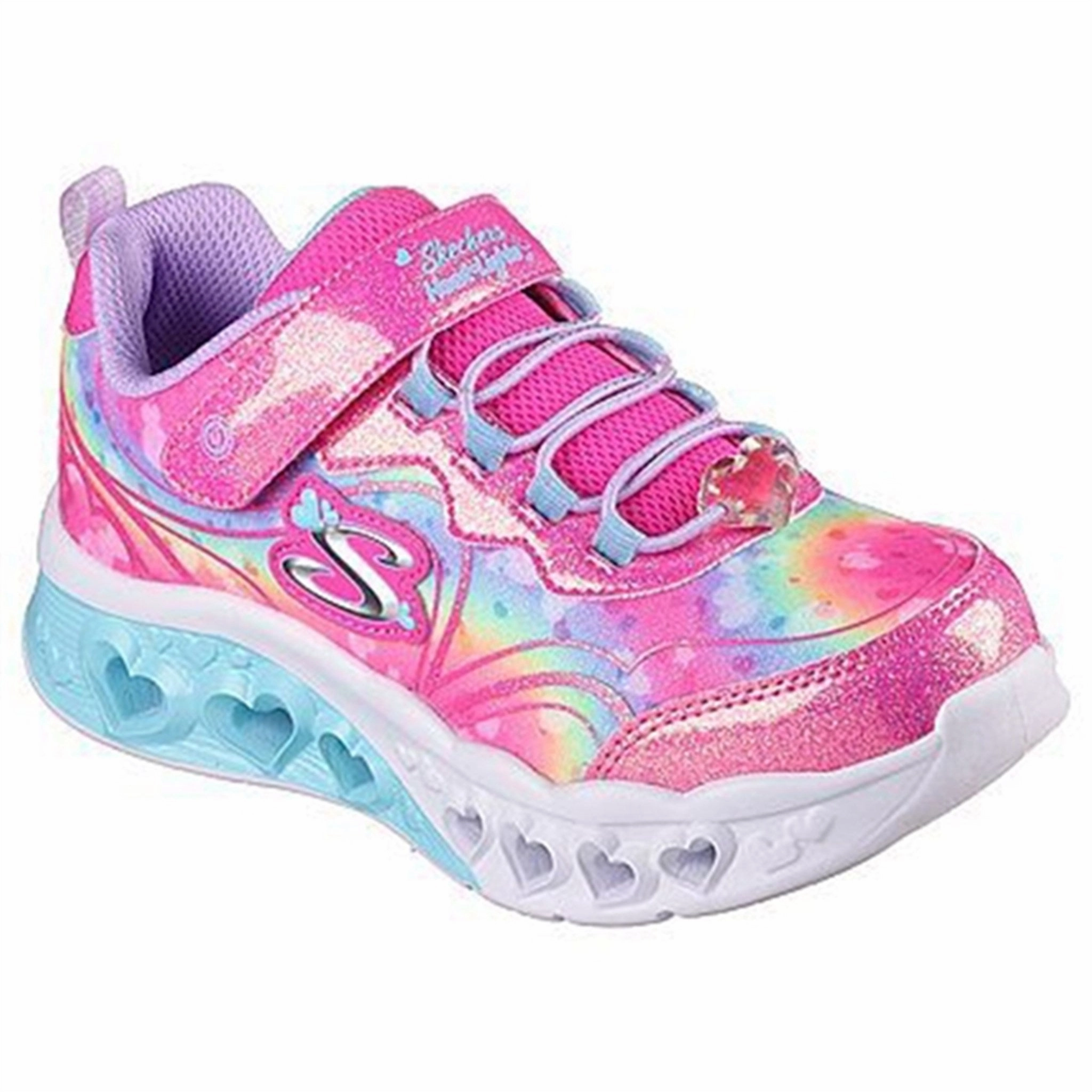 Skechers Flutter Heart Light Sneakers With Multi Glitter Hot Pink Lavender Kids Velcro Sneakers discount