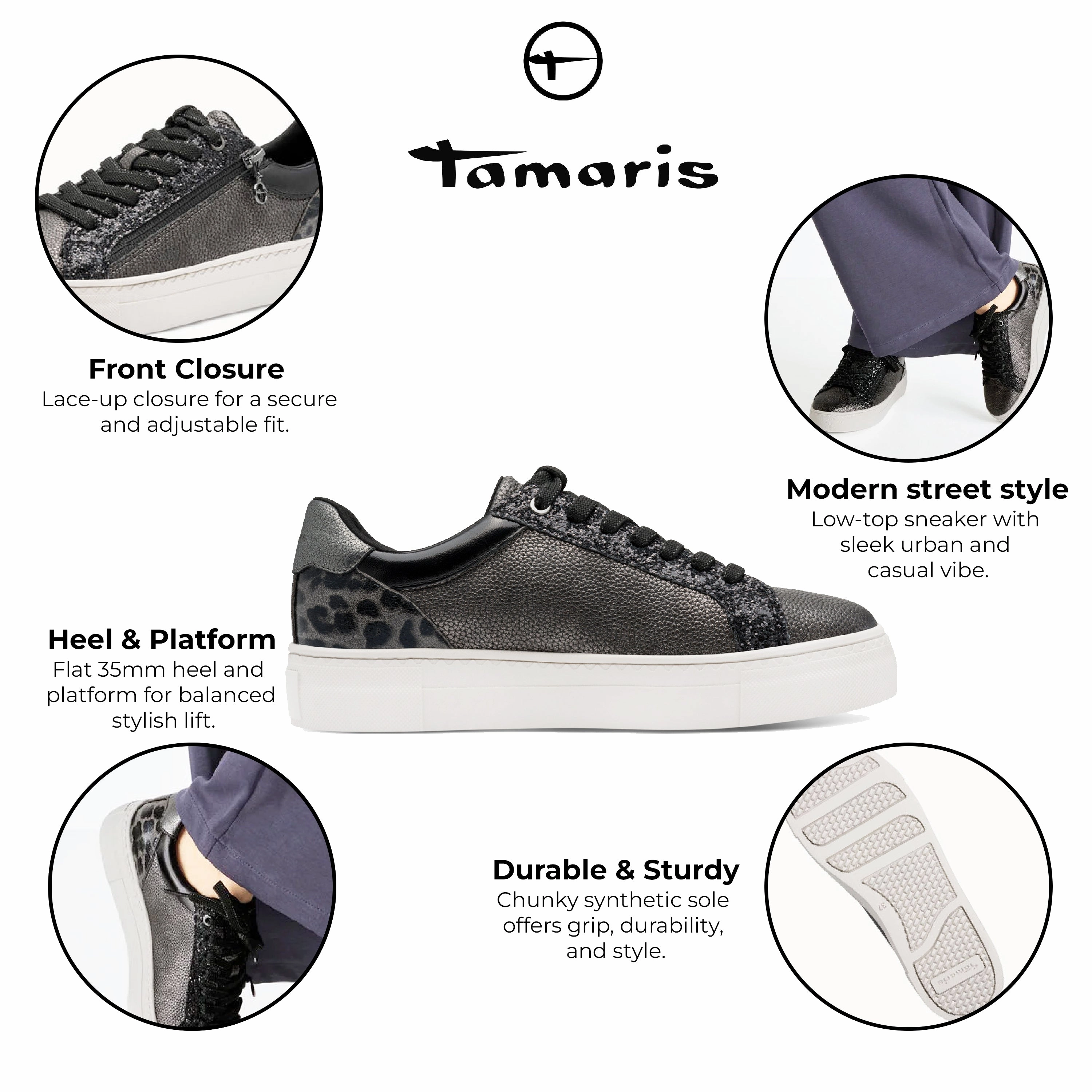 Tamaris Womens Petwer Silver Faux Leather Fashion Lace Up Sneakers