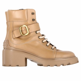 Tod's Buckled Lace-Up Heeled Combat Boots in Brown Calfskin Leather Womens Boots sale online