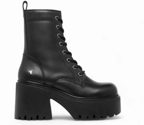 Totally - Women's Black Mid Calf Leather Platform Boots Promo on Womens Fashionable Boots
