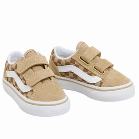 VANS Neutral Checkerboard BROWN/TRUE WHITE Old Skool V Neutral Checkerboard Kids Velcro Sneakers discount