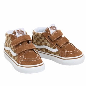 VANS Neutral Checkerboard BROWN/TRUE WHITE SK8-Mid Reissue V Kids Velcro Sneakers discount