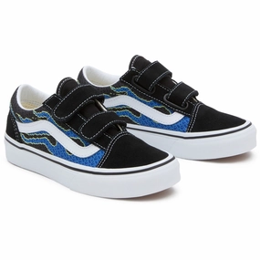 VANS Pixel Flame Black/Blue UY Old Skool V Sneakers Kids Velcro Sneakers discount