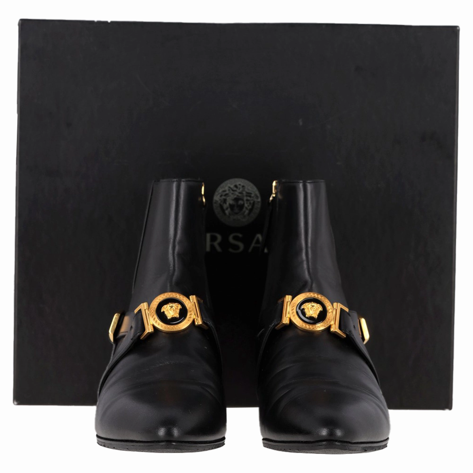 Versace Medusa Buckled Ankle Boots in Black Leather