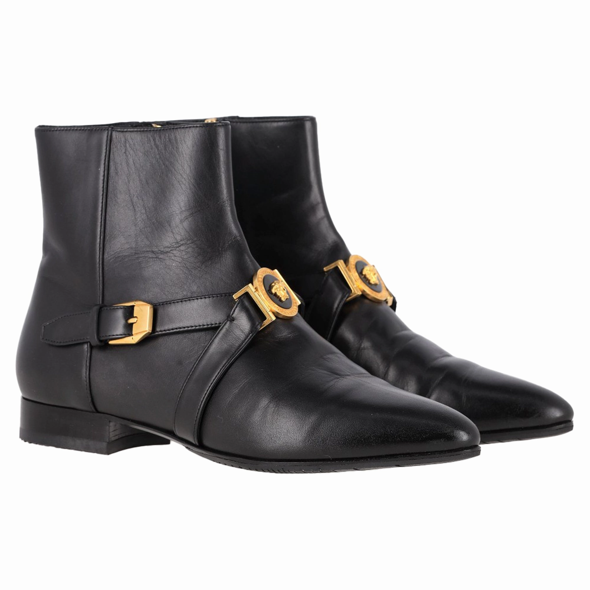 Versace Medusa Buckled Ankle Boots in Black Leather