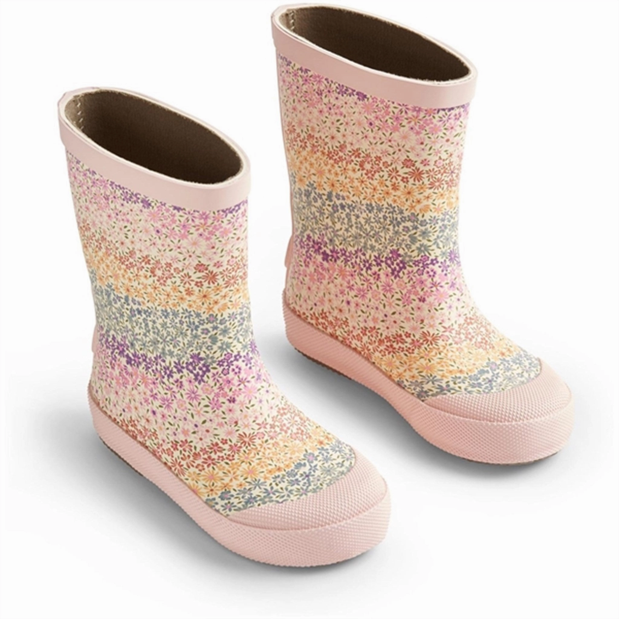 Wheat Rubber Boot Print Muddy Rainbow Flowers Kids Rain Boots with free shipping