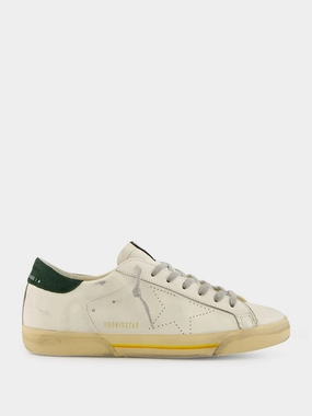 White Superstar Sneakers with Green Suede Heel Promo deal Mens Sneakers