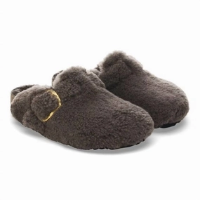 Women's Boston Big Buckle Shearling Sandals Narrow In Teddy Gray Womens Slippers at low price