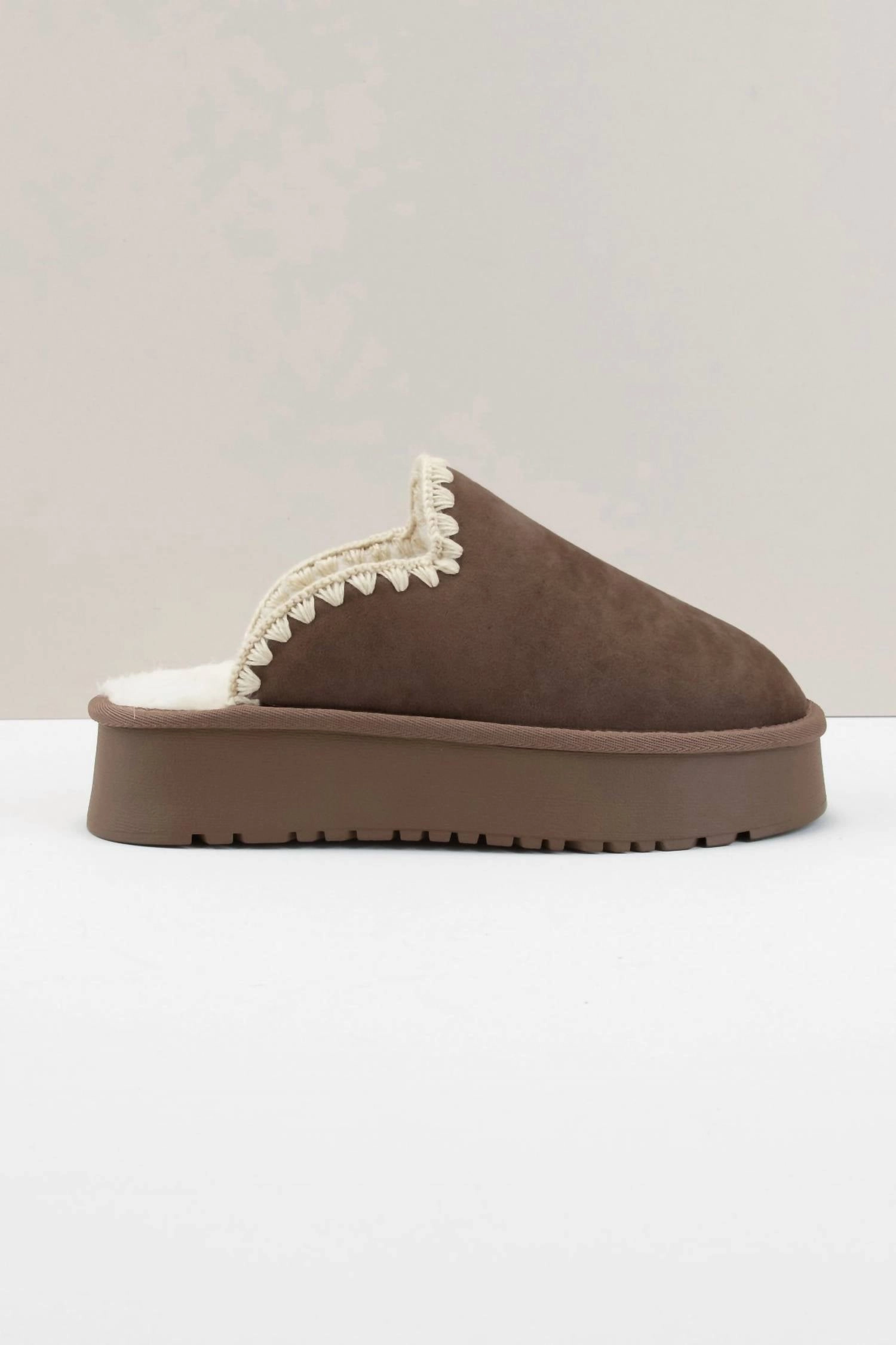 Women's Crochet Edge Sherpa Platform Slippers In Mocha