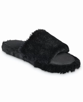 Women's Faux Fur And Satin Tabby Slipper In Black Womens Slippers at low price