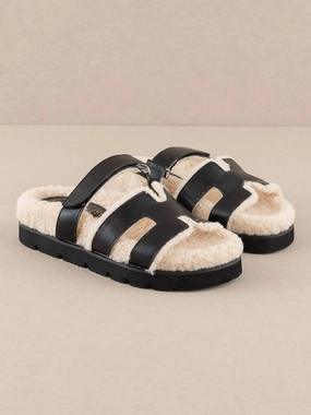 Women's Faux Shearling Slide Sandal In Black Sale on Womens Open Sandals