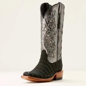 Women's Futurity Silk Western Boot In Black Sueded Caiman|Soft Mercury Promo on Womens Fashionable Boots