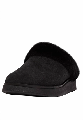 Women's Gen-Ff Shearling Collar Slippers In All Black Cozy Womens Slippers discount