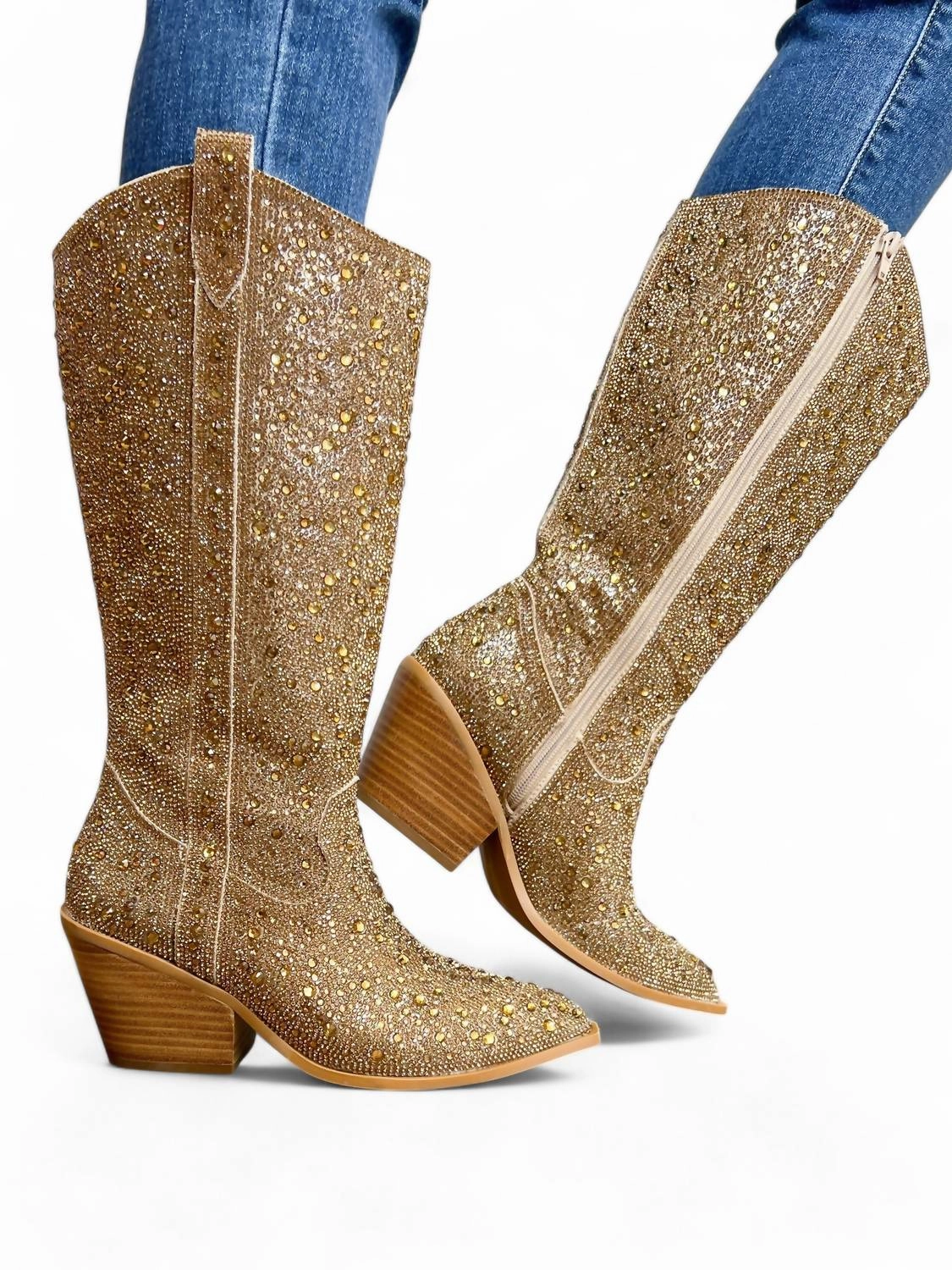 Women's Glitzy Rhinestone Boots In Gold