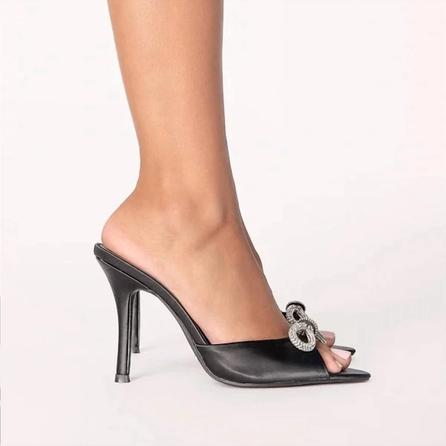 Women's Leilah Bow Heel Slip On Sandal In Black Satin