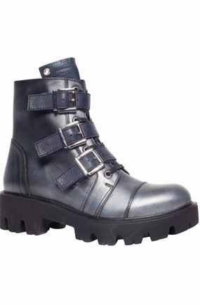 Women's Paris Combat Boots In Silver/dark Blue Black Leather Womens Boots sale online