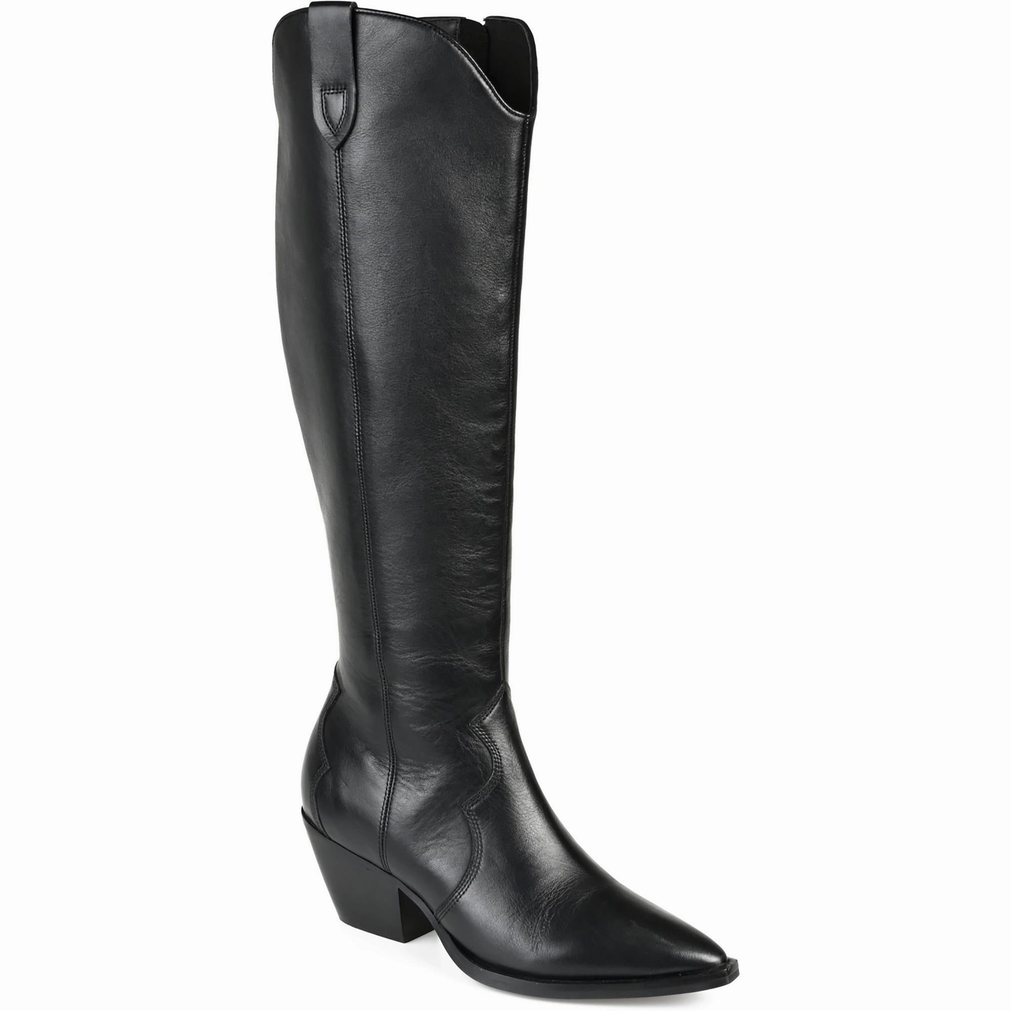 Womens Leather Block Heel Knee-High Boots