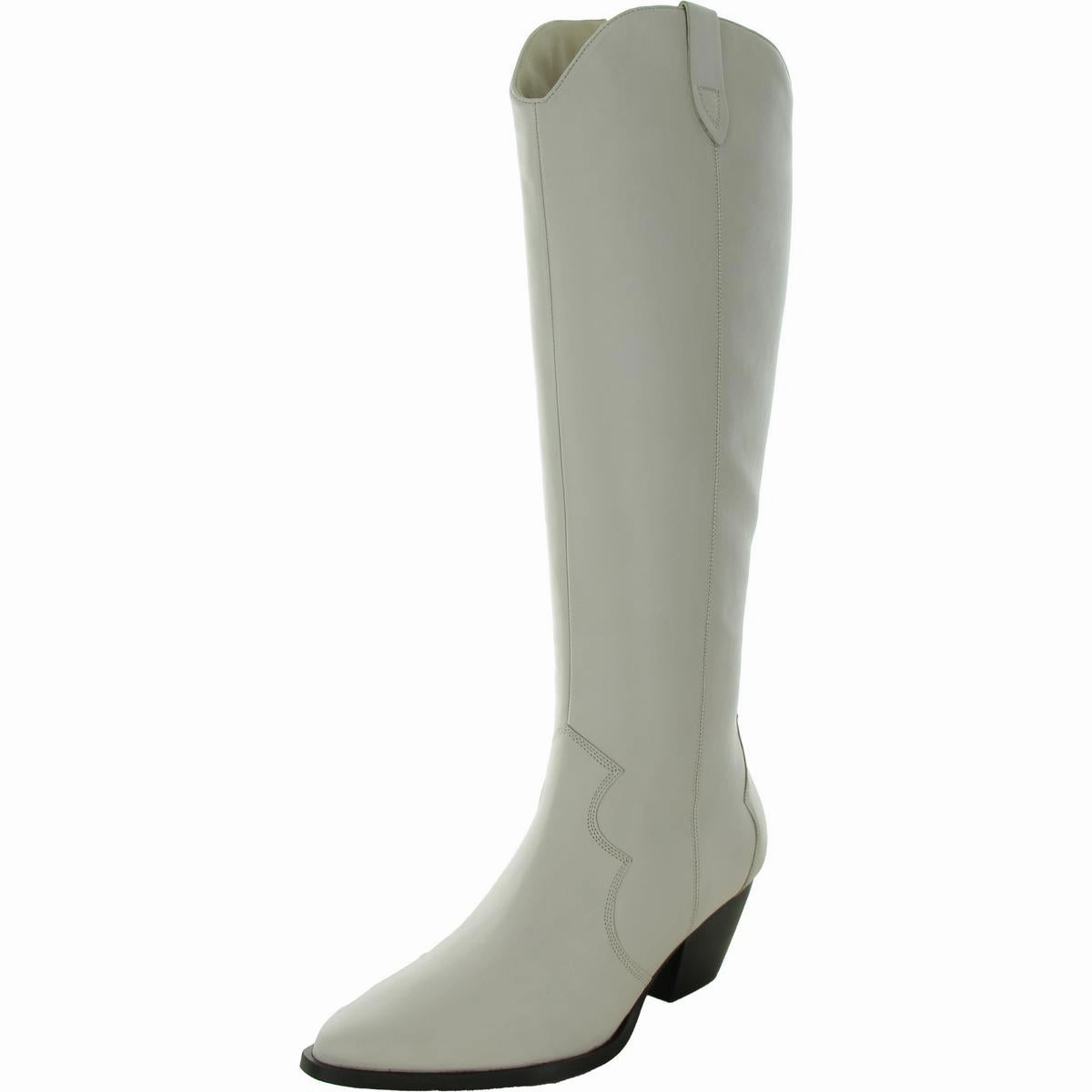 Womens Leather Block Heel Knee-High Boots